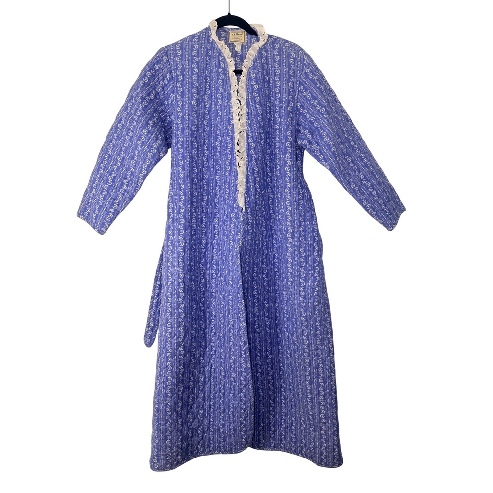 Vintage LL Bean Blue Floral Quilted Robe Eyelet XL USA Maxi Thick Cozy